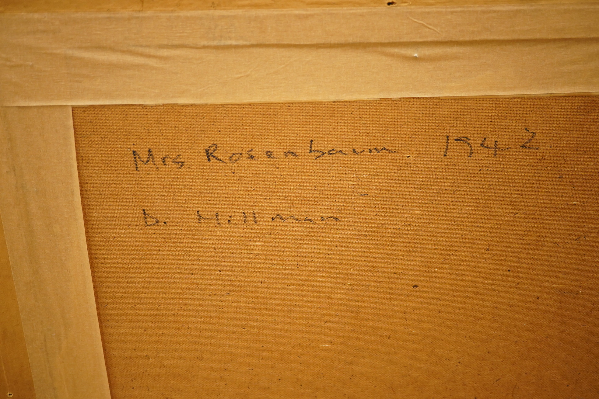 D. Hillman, pastel on card, Head and shoulders portrait of a mid 20th century woman, ‘Mrs Rosenbaum’, 1942, 47 x 36cm, ornate gilt frame. Condition - fair, some minor chipping to the board